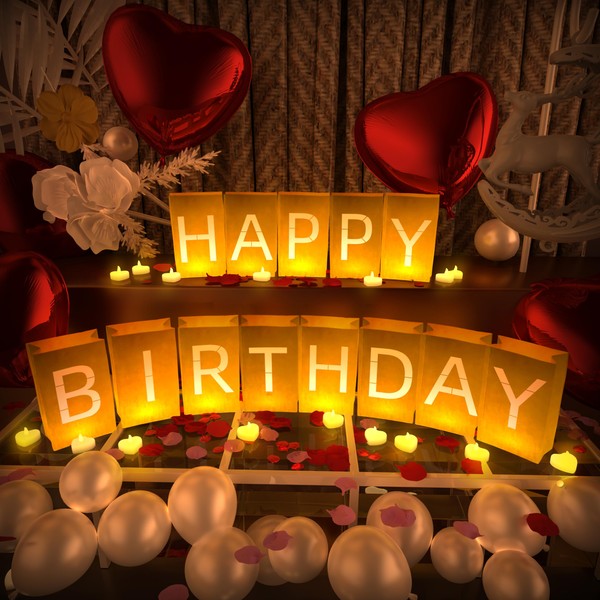 Happy Birthday Light Up Letters with Tea Lights, Rose Petals,