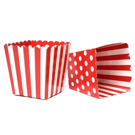 Red and White Party Favor Snack Boxes for Kids Birthday Parties, Baby Showers, Circus themed parties and school events. Set of 12 Reversible Polka Dots and Stripes Scalloped Popcorn Boxes