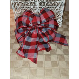 HANDMADE CHRISTMAS WREATH BOW RED & GRAY BUFFALO CHECK LANTERN BOW 9" TREE BOWS