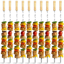 Amestar 12 Pack Kabob Skewers BBQ Barbecue Skewers Stainless Steel Sticks 22 Inch Heavy Duty Large Wide Reusable with Nonslip Wooden Handle Ideal for Shish Kebab Chicken Shrimp and Vegetables