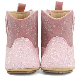 ESTAMICO Baby Girls Embroidery Western Cowgirl Boots Infant Sequin Leather Cowboy Booties Round Toe Ankle High Hook and Loop Shoes, Pink 12-18 Months