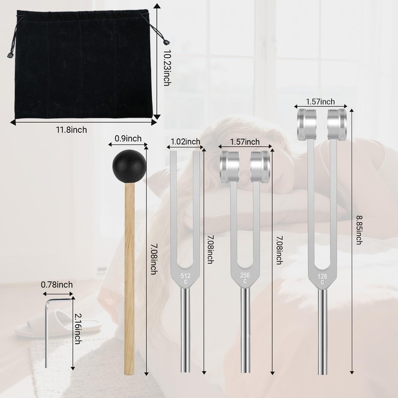 Tuning Forks for Healing Set (128Hz, 256Hz, 512Hz), 3-Piece Silver