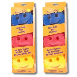 Smiley Face Sponges Cleaning Bundle - 2 x Packs of 3 Colourful Smiley Face Sponges - Includes Red, Blue, and Yellow Sponges - All-Purpose, Non-Scratch, Durable Scrubbing Sponges by Kevagh