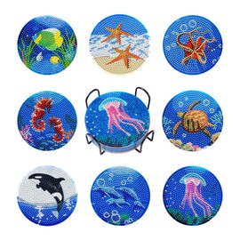 Beadthoven 8 Pieces Diamond Painting Coasters with Holder, Nightfall Ocean Theme, Diamond Art, Cup Mat Sets with Tools for DIY Cups Drinks Desktop Decorations