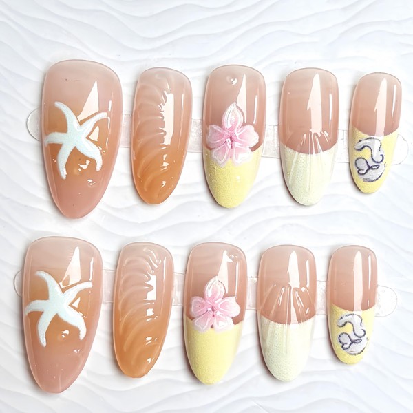 24Pcs Flower Press on Nails Medium Almond French Tip Fake