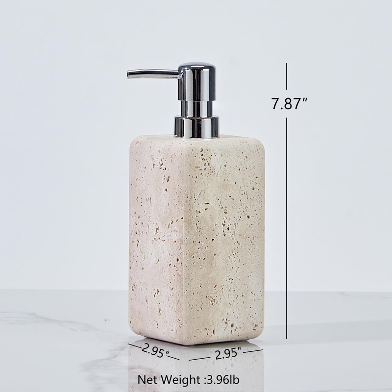 Ivory Travertine Soap Dispenser, Refillable Bathroom Liquid Dispenser with Stainless