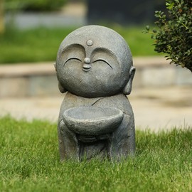 LuxenHome Monk Garden Statue,14" Fiber Stone Little Buddha Monk and Bowl Garden Statue,Happy Buddha Garden Sculpture,Little Buddha Outdoor Art for Patio Courtyard Backyard Zen Decor