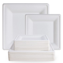 ECOLipak 120 Pack Compostable Paper Plates - 10 & 8 inch Heavy Duty Disposable Square, Eco friendly Sugarcane Biodegradable Plates for Party, Dinner, Birthday | ECOLipak
