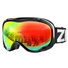 ZIONOR Lagopus Ski Snowboard Goggles UV Protection Anti fog Snow Goggles for Men Women Adult Youth VLT 16% Black Frame Mirrored Red Lens