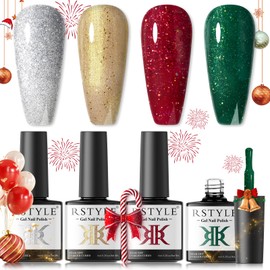 RSTYLE Semi-Permanent Nail Polish, 4 Colors Christmas Red Green Glitter Semi-Permanent Nail Polish Soak Off UV/LED Lamp Semi-Permanent Nail Polish Diy Manicure Nail Art Set 6Ml