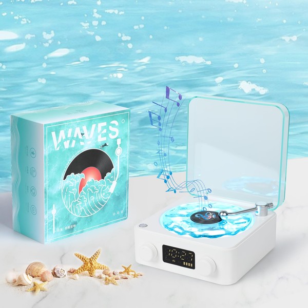 BSMKD Reproductor de Vinilo Waves Con Altavoz Bluetooth, Luces Ajustables,