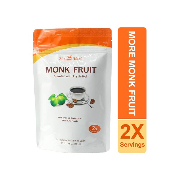 Monk Fruit Zero Calorie Sweetener (2x Sugar Sweet, Original), 16 oz - Granular Powder Blended with Erythritol - Sweet Natural Alternative to Xylitol and Stevia - Sugar Replacement for Keto, Paleo, Low GI (Pack of 5)