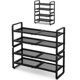 Shoe Rack - Expandable Shoe Organizer for Closet, Adjustable Metal Shoe Shelf Storage, 4 Tier Stackable Long Shoe Stand Holder for Garage, Entryway, Door Entrance, Black