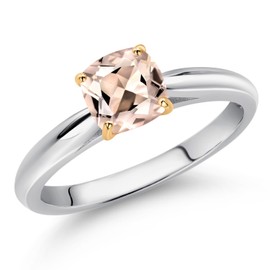Gem Stone King 925 Silver and 10K Yellow Gold Peach Morganite Engagement Ring For Women (0.52 Cttw, Cushion 5MM, Gemstone October Birthstone, Size 6)