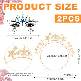 Women's Headband Stars Glitter Five-Pointed Star with Pearls and Rhinestones, Rhinestone Headband with Sparkling Stars Face Tattoo for Party, Festival, Birthday (Gold, One Size)