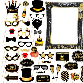 Happy Birthday Photo Booth Frame Inflatable Selfie Frame with 30Pcs Photo Booth Props,Black Gold Inflatable Picture Frame Blow Up Party Prop for Boys Girls Men Women Him Her Birthday Party Decorations