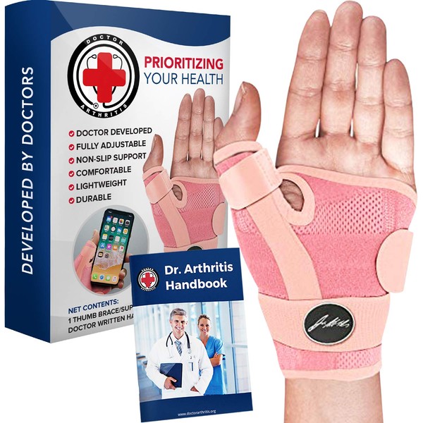 Dr. Arthritis Doctor Developed Thumb Brace / Thumb splint / Thumb spica splint / Thumb Stabilizer for Men and Women - & Doctor Written Handbook - For right and left hand (Pink, Single)