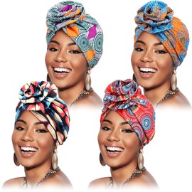 Syhood 4 Pieces Flower Turban Hats for Women Soft Pre-Tied Knot Headwraps African Pattern Turban Wraps Beanie Hats (Circle Style)