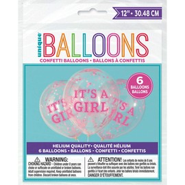 It's A Girl' Clear Latex Balloons WIth Pre-Filled Pink Confetti, 12" (6 Pcs.) - Charming Design, Perfect for Baby Showers & Gender Reveal Celebrations