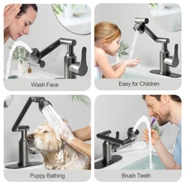 Bathroom Sink Faucet, FunnyAir Stainless Steel 1080° Rotatable Faucet for Sink 1 Hole or 3 Holes, Modern Style Single Handle Bathroom Faucets with Hot and Cold Hoses, 2 Water Outlet Modes, Grey