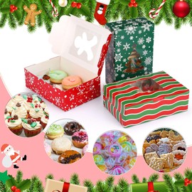 Tenceur 30 Pcs Christmas Treat Boxes, 9'' x 6'' x 3'' Christmas Cookie Boxes with Window Cookie Tins Food Container Bakery Gift Wrapping Xmas Present Box for Candy Pastries Cupcakes Party Favor