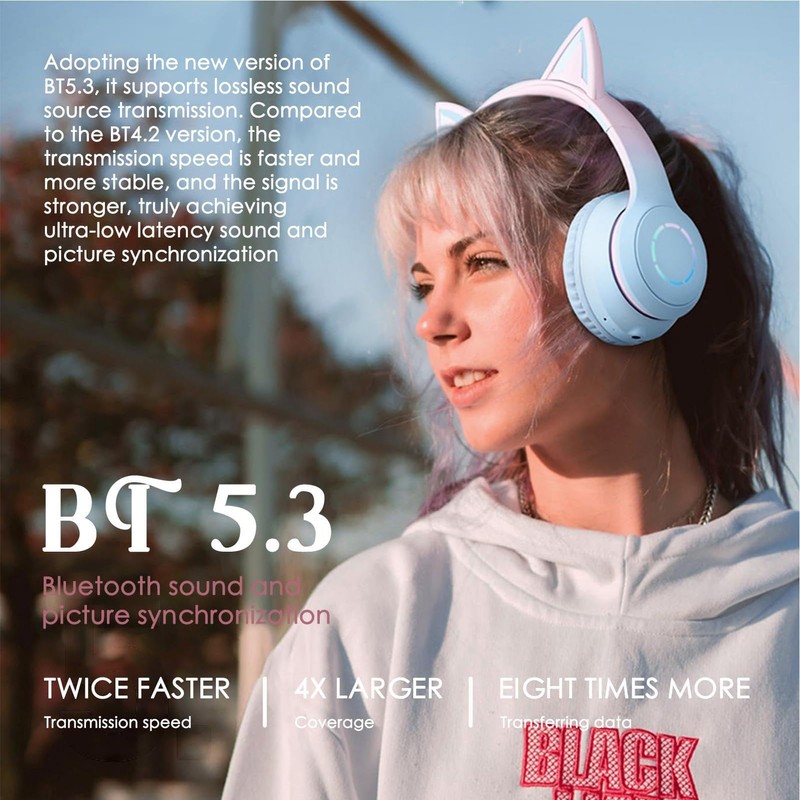 RGB Cat Ear Headphones,Wireless Foldable & Wired Over Ear Headphones