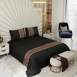 Stoa Paris Solid Bedsheets for Double Size Bed, 300 Threadcount Satin Bedsheet Set, Premium Bedding Set with Pillow Cover, Versailles Vista Grandeur Bedspread, Black, Upto 350 Tc