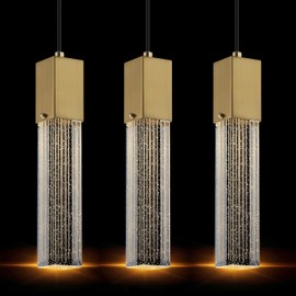 Doraimy Lighting Seeded Crystal Shiny Hanging Kitchen Island Pendant Ceiling Light Modern Concise Fixture,3 Pack Gold Finish for Kitchen Island Dining Room Bedroom Hallway