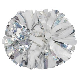 Lovecheer 2PCS Cheerleader Pom Poms White and Silver Holographic Pom Poms Cheerleading with Baton Handle for Sports Team Spirit Dance Adults