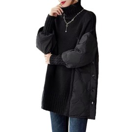 CCGGOWMM Women's Knit Sweater, Cut and Sewn, Long Sleeve, Loose, High Neck, Cable Knitting, Fluffy, Side Slit, Switching, Pullover, Layered, Knit Top, Fashion, Cute, Body Cover, Casual, Work,