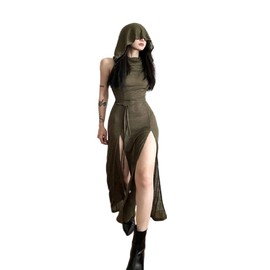 Women's Gothic Sleeveless Hooded Dress Y2K Side Split Hollow Out Midi Dress Bodycon Cocktail Party Club Dresses Green