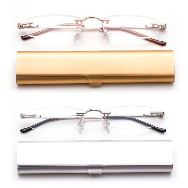 2 Pack Compact Reading Glasses in Tube Slim Rimless Reader in Aluminum Case