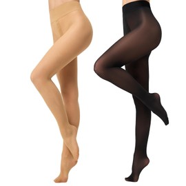 Aaronano 2 Pairs Run Resistant Tights for Women Semi Opaque Rip-Resist Pantyhose with High Waist Black Natural Small