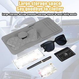Sandfren Car Sun Visor Organizer, Leather Multi Pocket Vehicle Visor Storage Pouch for Sunglasses Card License, Multifunctional Auto Interior Organization Accessories, Universal Fit (Gray)