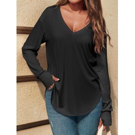 Tankaneo Womens Deep V Neck Tunic Tops Long Sleeve Oversized Casual Loose Fit Curved Hem T Shirts Black