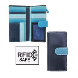 Large Multi-Colour Navy Blue Leather Purse RFID Blocking - Women's Designer Wallet Tab Opening Premium Leathers 15 Card Slots Bifold