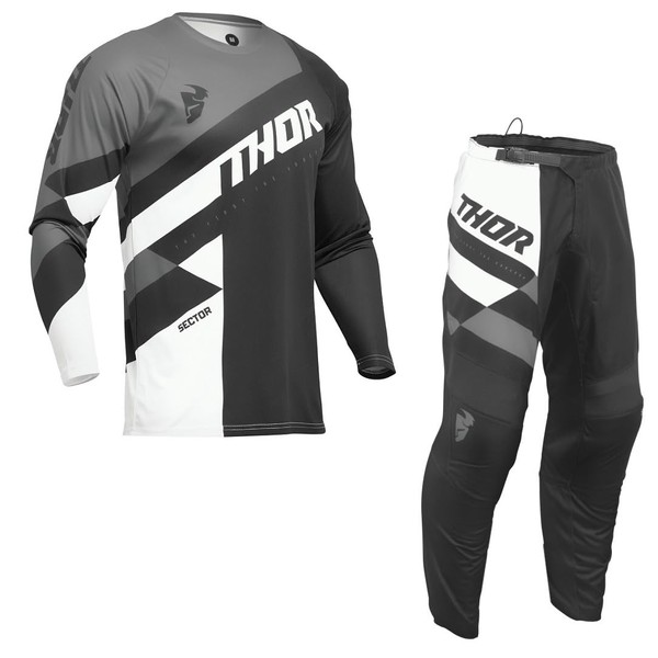 THOR SECTOR CHECKER 2024 ADULT MOTOCROSS SUIT - Off Road Mx Motorbike Race Shirt and Pant Quad Dirt Bike Trial ATV BMX Sports Enduro Jersey Trouser Set Black/Grey (TOP (S),32 inches)