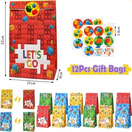 86 Pieces Building Blocks Birthday Party Bag Children's Birthday, 12 Children's Slap Bracelets, 12 Key Chains, 12 Gift Bags and 50 Stickers, DIY Blocks Themed Party Gift for Children Boys Girls