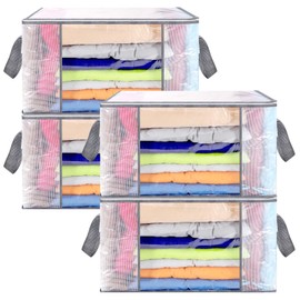 4 Pcs Clear Clothes Storage Bags, 80L Bedding Storage Bags Foldable Storage Bags Moving Bag with Reinforced Handle and Zip for Toys Blankets Duvet Clothes Underbed Storage Box