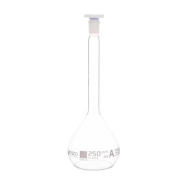 EISCO Volumetric Flask, 250ml - Class A 14/23 Polyethylene Stopper, Borosilicate Glass White Graduation, Tolerance ±0.150- Eisco Labs