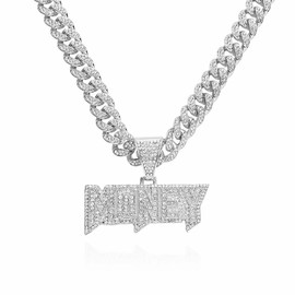 Generic Chunky Iced Out Cuban Link Chain Necklace with Pendant for Men ,Bling Fake Diamond ""Money"" Letter Tennis Collar Necklace,Luxury Chain Miami Rapper Hip Hop Jewelry Gifts (SILVER), Large