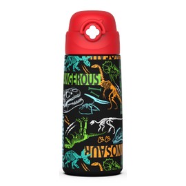 Ntswasd Children's Stainless Steel Drinking Bottle, Straw, Thermos Flask, 500 ml, BPA-Free, Leak-Proof Thermal Water Bottle for School, Nursery (Dinosaur Red)