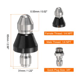sourcing map 2pcs Pressure Washer Sewer Nozzle 3/8" Quick Connect 5000 PSI Stainless Steel Drain Blaster Rotating Button Nose Fixed Cleaning Water Hose Jet for Drain Cleaning Hose