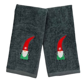 Christmas Guest Hand Towels: Grey Plush Terry Cotton Embroidered Spritly Gnome