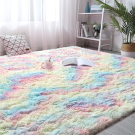 junovo Soft Rainbow Area Rugs for Girls Room, Fluffy Colorful Rugs Cute Floor Carpets Shaggy Playing Mat for Kids Baby Girls Bedroom Nursery Home Decor, 5ft x 8ft