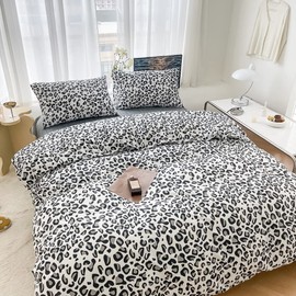 LAYENJOY Leopard Duvet Cover Set Queen 100% Cotton Black Grey Cheetah Print on White Bedding 1 Safari Comforter Cover Full with Zipper Ties 2 Pillowcases for Kids Teens Boys Girls Women
