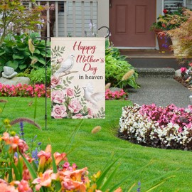 Louise Maelys Happy Mother's Day in Heaven Garden Flag Rose Flower White Dove 12x18 Inch Double Sided Floral Small Burlap Spring Holiday Yard Outdoor Outside Home House Decoration