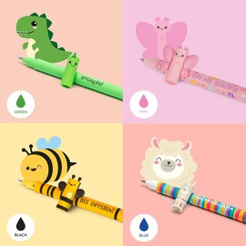 LEGAMI - Set of 10 Gel Erasable Pens, Erasable Pens, Erasable Ink Pens, Gel Pens Erasable without Leaf, 0.7 mm Tip, Assorted Ink Colours and Animal Designs