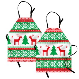 Ambesonne Christmas Apron Pack of 2, Knit Style Graphic Reindeer Star and Snowflake Holiday Family Theme, Unisex Kitchen Bib with Adjustable Neck, 2 Pcs - Adult Size, Red Green White