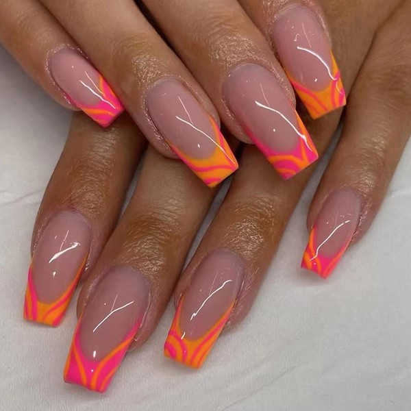 Orange French Tip Press on Nails Medium Coffin Fake Nails